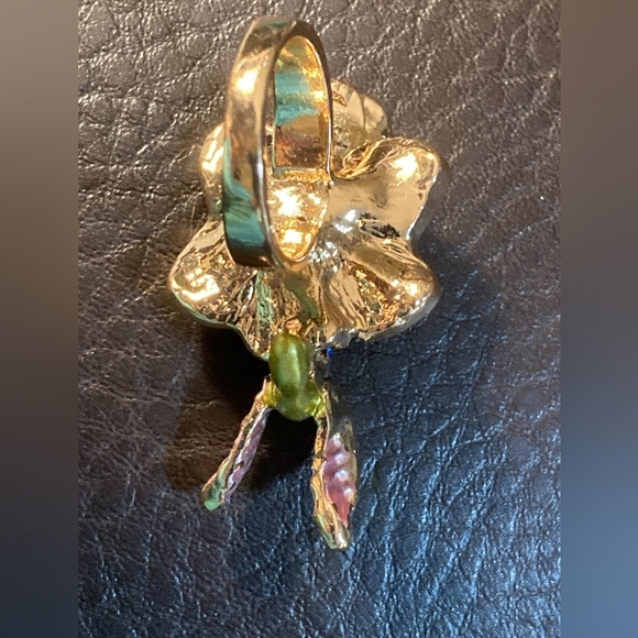 RING - HIBISCUS FLOWER HUMMINGBIRD RHINESTONE ENAMEL GOLD TONE SIZE 7 - Picture 10 of 13
